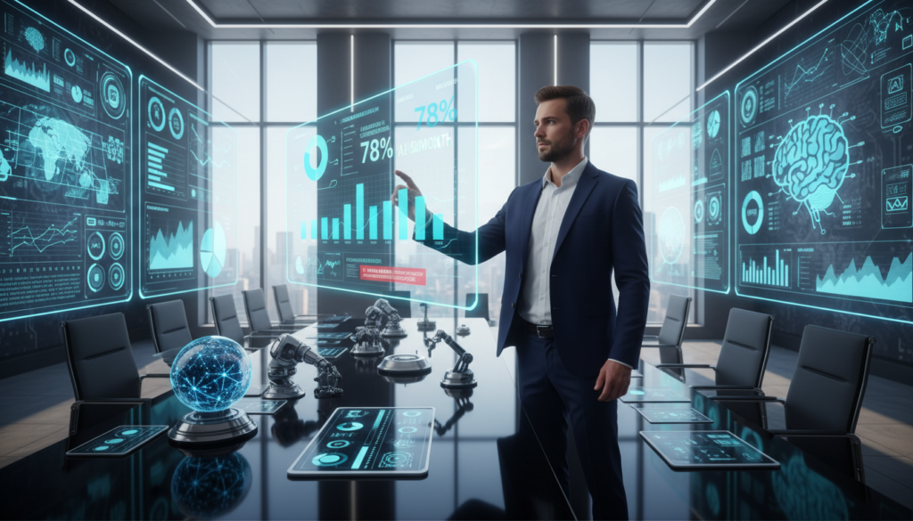 A modern office space filled with digital screens showcasing data analytics and AI algorithms in action. In the foreground, a professional wearing smart business attire interacts with a holographic interface displaying leads generation metrics. The middle ground features a sleek design desk with various AI tools and gadgets that symbolize automation. In the background, large windows let in bright, natural light, illuminating innovative AI-themed artwork on the walls. The mood conveys a sense of efficiency and technological advancement, with a focus on the benefits and potential limits of AI in lead generation. The image should use a wide-angle lens effect to create a dynamic perspective, emphasizing the central figure and high-tech environment, evoking a feeling of optimism and progress. A modern office space filled with digital screens showcasing data analytics and AI algorithms in action. In the foreground, a professional wearing smart business attire interacts with a holographic interface displaying leads generation metrics. The middle ground features a sleek design desk with various AI tools and gadgets that symbolize automation. In the background, large windows let in bright, natural light, illuminating innovative AI-themed artwork on the walls. The mood conveys a sense of efficiency and technological advancement, with a focus on the benefits and potential limits of AI in lead generation. The image should use a wide-angle lens effect to create a dynamic perspective, emphasizing the central figure and high-tech environment, evoking a feeling of optimism and progress.