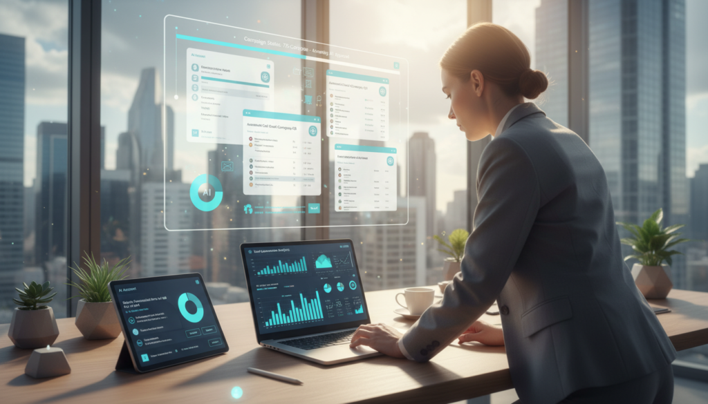 A modern office workspace featuring a professional individual in business attire, strategically working on a laptop. In the foreground, the person is focused on software displaying graphs and lead generation analytics. The middle layer captures a sleek digital interface with email drafts and AI suggestions, symbolizing automated cold emailing processes. In the background, a large window reveals a city skyline, emphasizing a dynamic business environment. Soft, natural lighting pours in, creating a bright yet focused atmosphere. The angle is slightly above, showcasing both the individual and the digital workspace, highlighting the harmony between human effort and artificial intelligence in prospecting. The overall mood reflects innovation and productivity, ideal for depicting automated online prospecting. A modern office workspace featuring a professional individual in business attire, strategically working on a laptop. In the foreground, the person is focused on software displaying graphs and lead generation analytics. The middle layer captures a sleek digital interface with email drafts and AI suggestions, symbolizing automated cold emailing processes. In the background, a large window reveals a city skyline, emphasizing a dynamic business environment. Soft, natural lighting pours in, creating a bright yet focused atmosphere. The angle is slightly above, showcasing both the individual and the digital workspace, highlighting the harmony between human effort and artificial intelligence in prospecting. The overall mood reflects innovation and productivity, ideal for depicting automated online prospecting.