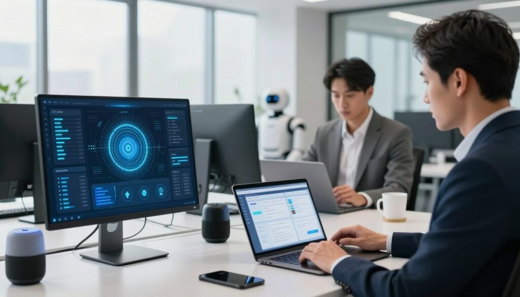 A modern office workspace featuring an array of advanced automation tools and software. In the foreground, showcase a sleek desktop computer with glowing data visualization displays, and an open laptop displaying a user-friendly automation dashboard. In the middle, a person in professional business attire, focused and engaged, interacts with a tablet filled with automation solutions. Surround the workspace with various tech gadgets, like smart speakers and robotic assistants, symbolizing innovation and efficiency. The background should consist of a bright, airy office environment with large windows allowing natural light to flood in, creating a vibrant and inspiring atmosphere. The overall mood conveys efficiency, modernity, and the excitement of technological advancement in business automation.