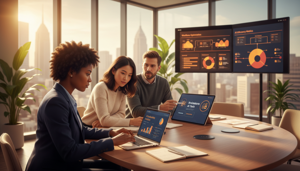 A modern office workspace showcasing a diverse group of professionals engaged in collaborative discussions about productivity tools powered by AI. In the foreground, a focused woman in professional attire reviews data on a sleek laptop, while in the middle ground, two colleagues, one man and one woman, brainstorm ideas with a digital tablet and notes spread across a stylish conference table. The background features a large window with natural light pouring in, creating a bright and inviting atmosphere. Incorporate high-tech elements like screens displaying AI analytics and productivity charts. Use a warm color palette to evoke a sense of innovation and teamwork. The angle should be slightly elevated, capturing both the engaged expressions of the team and the impressive workspace around them. A modern office workspace showcasing a diverse group of professionals engaged in collaborative discussions about productivity tools powered by AI. In the foreground, a focused woman in professional attire reviews data on a sleek laptop, while in the middle ground, two colleagues, one man and one woman, brainstorm ideas with a digital tablet and notes spread across a stylish conference table. The background features a large window with natural light pouring in, creating a bright and inviting atmosphere. Incorporate high-tech elements like screens displaying AI analytics and productivity charts. Use a warm color palette to evoke a sense of innovation and teamwork. The angle should be slightly elevated, capturing both the engaged expressions of the team and the impressive workspace around them.