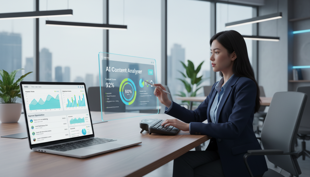 A modern office workspace showcasing advanced SEO tools and content analysis software. In the foreground, a sleek laptop displays a vibrant, data-rich SEO dashboard, highlighted by analytical graphs and keyword suggestions. Beside it, an intelligent AI content analyzer interface, featuring dynamic charts and content scoring metrics, captivates attention. In the middle ground, a professional individual in smart business attire interacts with the tools, appearing focused and engaged. The background features a stylish office with large windows allowing soft natural light to filter in, creating an inspiring atmosphere. The overall color palette includes calming blues and greens, suggesting technology and innovation, while the composition emphasizes clarity and precision in the realm of SEO. The mood is one of productivity and cutting-edge technological advancement. A modern office workspace showcasing advanced SEO tools and content analysis software. In the foreground, a sleek laptop displays a vibrant, data-rich SEO dashboard, highlighted by analytical graphs and keyword suggestions. Beside it, an intelligent AI content analyzer interface, featuring dynamic charts and content scoring metrics, captivates attention. In the middle ground, a professional individual in smart business attire interacts with the tools, appearing focused and engaged. The background features a stylish office with large windows allowing soft natural light to filter in, creating an inspiring atmosphere. The overall color palette includes calming blues and greens, suggesting technology and innovation, while the composition emphasizes clarity and precision in the realm of SEO. The mood is one of productivity and cutting-edge technological advancement.