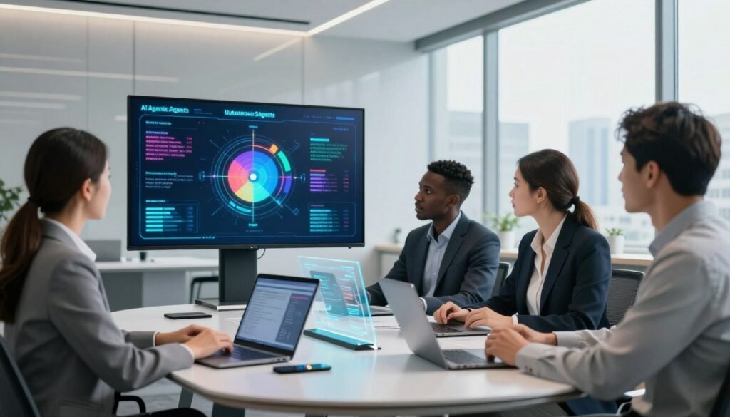 A modern, sleek conference room filled with diverse professional characters depicting AI agents in action. In the foreground, a group of three individuals in business attire—a woman of Asian descent, a man of African descent, and a person of Caucasian descent—are intently examining a large digital screen displaying a comparative chart of AI agent solutions with vivid colors. The middle ground features a sophisticated round table adorned with high-tech gadgets and laptops, with a subtle holographic interface projecting data. The background includes large windows letting in bright natural light, creating an open and innovative atmosphere. Soft, ambient lighting enhances the professionalism, while a slightly blurred cityscape can be seen outside to represent progress and technology. The overall mood is dynamic, focused, and intellectually stimulating, capturing the essence of autonomous agents in a contemporary business setting. A modern, sleek conference room filled with diverse professional characters depicting AI agents in action. In the foreground, a group of three individuals in business attire—a woman of Asian descent, a man of African descent, and a person of Caucasian descent—are intently examining a large digital screen displaying a comparative chart of AI agent solutions with vivid colors. The middle ground features a sophisticated round table adorned with high-tech gadgets and laptops, with a subtle holographic interface projecting data. The background includes large windows letting in bright natural light, creating an open and innovative atmosphere. Soft, ambient lighting enhances the professionalism, while a slightly blurred cityscape can be seen outside to represent progress and technology. The overall mood is dynamic, focused, and intellectually stimulating, capturing the essence of autonomous agents in a contemporary business setting.