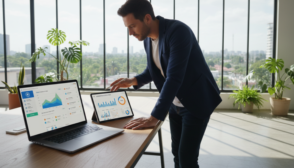 A modern, sleek office environment filled with various lead automation tools arranged strategically on a stylish desk. In the foreground, a high-tech laptop displays an intuitive CRM interface in vibrant colors, alongside a tablet showing automated marketing analytics. In the middle, a professional individual, dressed in smart casual attire, reviews the analytics with a focused expression. The background features a large window with ample natural light pouring in, casting soft shadows across the room, and greenery visible outside, creating a fresh atmosphere. The mood is productive and innovative, portraying the essence of modern lead generation through automation. The image is captured from a slight angle to add depth, highlighting both the tools and the user engaged in their work. A modern, sleek office environment filled with various lead automation tools arranged strategically on a stylish desk. In the foreground, a high-tech laptop displays an intuitive CRM interface in vibrant colors, alongside a tablet showing automated marketing analytics. In the middle, a professional individual, dressed in smart casual attire, reviews the analytics with a focused expression. The background features a large window with ample natural light pouring in, casting soft shadows across the room, and greenery visible outside, creating a fresh atmosphere. The mood is productive and innovative, portraying the essence of modern lead generation through automation. The image is captured from a slight angle to add depth, highlighting both the tools and the user engaged in their work.