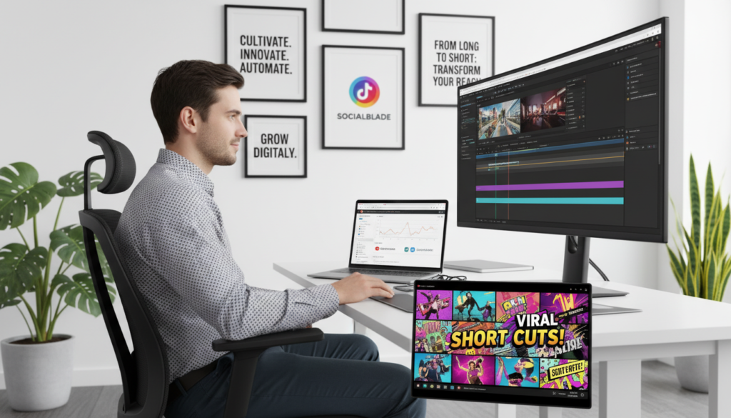 A modern, vibrant workspace featuring a young professional in business casual attire, focused on a computer screen displaying video editing software. In the foreground, a colorful clip of a YouTube short plays, showcasing engaging visuals and quick cuts. The middle ground includes a sleek laptop with tabs open for analytics and social media platforms. In the background, a wall is adorned with inspirational quotes about creativity and digital growth, with soft-focus plants adding a touch of greenery. The lighting is bright and cheerful, emphasizing a productive atmosphere. The image captures the essence of automating YouTube content creation, particularly highlighting the transformation from long-form videos to short, viral clips.