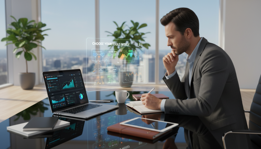 A modern workspace featuring a sleek desk with a laptop displaying intricate SEO analytics dashboards and AI tools. In the foreground, a focused professional in business attire is analyzing data with a thoughtful expression, surrounded by notepads and pens. In the middle ground, colorful infographics and charts illustrating various SEO strategies hover on a digital display, emphasizing the importance of choosing the right tools. The background reveals a bright and airy office with potted plants and large windows letting in natural light. Soft shadows create a warm and inviting atmosphere, while the overall composition suggests a sense of productivity and innovation in the realm of AI-driven SEO. The lighting is natural and soft, enhancing the clarity of the technological elements. A modern workspace featuring a sleek desk with a laptop displaying intricate SEO analytics dashboards and AI tools. In the foreground, a focused professional in business attire is analyzing data with a thoughtful expression, surrounded by notepads and pens. In the middle ground, colorful infographics and charts illustrating various SEO strategies hover on a digital display, emphasizing the importance of choosing the right tools. The background reveals a bright and airy office with potted plants and large windows letting in natural light. Soft shadows create a warm and inviting atmosphere, while the overall composition suggests a sense of productivity and innovation in the realm of AI-driven SEO. The lighting is natural and soft, enhancing the clarity of the technological elements.