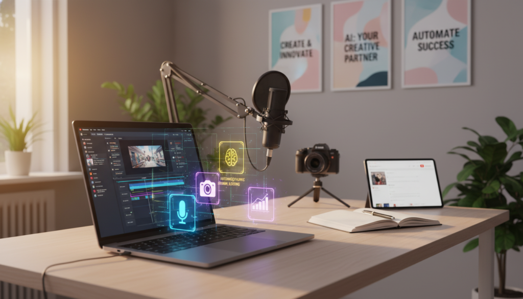 A modern workspace featuring various artificial intelligence tools for YouTube channel automation. In the foreground, a sleek laptop displaying a video editing software interface, surrounded by brightly colored digital icons and graphics representing innovative AI tools. In the middle, a tidy desk with a microphone, camera, and notepad, symbolizing content creation. The background reveals a softly blurred wall adorned with inspirational posters about creativity. The lighting is warm and inviting, creating a professional yet dynamic atmosphere. Use a wide-angle lens to capture the entire scene, emphasizing the organization and efficiency of this high-tech setup, ideal for aspiring YouTube creators.