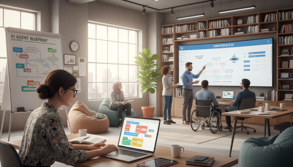 A modern workspace showcasing a diverse group of professionals collaborating on creating an AI agent without coding. In the foreground, a young woman with glasses intently studies a laptop, displaying visual coding tools. Beside her, a man in a smart casual outfit gestures towards a whiteboard filled with diagrams and flowcharts. The middle ground features a large screen displaying an AI interface, emphasizing simplicity and user-friendliness. In the background, soft window light filters in, illuminating a plant and bookshelves filled with tech resources. The atmosphere is one of innovation, creativity, and teamwork, reflecting a welcoming environment for beginners in AI development.