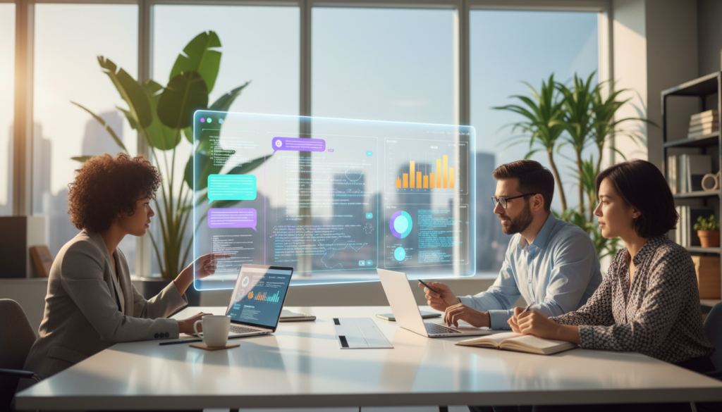 A modern workspace showcasing various free AI technologies. In the foreground, a diverse group of three professionals, dressed in business attire, collaborate around a sleek desk, analyzing graphs and data on high-tech laptops. The middle ground features a digital screen displaying interfaces of popular free AI tools, like chatbots and analytics dashboards, illuminated with vibrant colors. The background subtly displays a modern office with plants and large windows, allowing natural light to pour in, creating an inspiring atmosphere. Use soft, warm lighting to evoke a sense of creativity and collaboration. Capture the scene from a slightly elevated angle, emphasizing teamwork and innovation while maintaining a balanced composition. A modern workspace showcasing various free AI technologies. In the foreground, a diverse group of three professionals, dressed in business attire, collaborate around a sleek desk, analyzing graphs and data on high-tech laptops. The middle ground features a digital screen displaying interfaces of popular free AI tools, like chatbots and analytics dashboards, illuminated with vibrant colors. The background subtly displays a modern office with plants and large windows, allowing natural light to pour in, creating an inspiring atmosphere. Use soft, warm lighting to evoke a sense of creativity and collaboration. Capture the scene from a slightly elevated angle, emphasizing teamwork and innovation while maintaining a balanced composition.