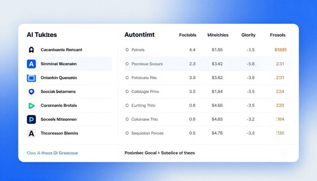 A professional and detailed comparison table of AI tools for social media automation, presented in a sleek and modern design. The foreground features distinct columns for each tool, showcasing icons and brief feature highlights in a visually appealing layout. The middle ground displays statistics and key benefits of each tool, color-coded for clarity. The background is a subtle gradient of blue and white, conveying a tech-savvy atmosphere. Soft, diffused lighting emphasizes the table, creating a polished, professional look. The image should evoke a sense of innovation and efficiency, aimed at professionals in social media management. No text or overlays included, focus solely on the visual comparison of automation solutions.