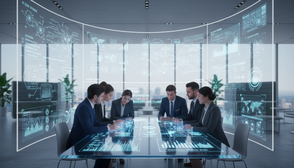 A professional business environment illustrating B2B lead generation automation using AI. In the foreground, a diverse team of business professionals, dressed in formal attire, collaborates over digital devices, focused on data analysis. In the middle, large screens display complex algorithms and charts depicting automated lead generation flow. The background features a modern office space with glass walls, showcasing a bright and vibrant atmosphere, infused with natural light. Soft shadows enhance the high-tech feel, while a slight blur effect on the background adds depth. The overall mood is dynamic, emphasizing innovation and the seamless integration of technology in business processes. A professional business environment illustrating B2B lead generation automation using AI. In the foreground, a diverse team of business professionals, dressed in formal attire, collaborates over digital devices, focused on data analysis. In the middle, large screens display complex algorithms and charts depicting automated lead generation flow. The background features a modern office space with glass walls, showcasing a bright and vibrant atmosphere, infused with natural light. Soft shadows enhance the high-tech feel, while a slight blur effect on the background adds depth. The overall mood is dynamic, emphasizing innovation and the seamless integration of technology in business processes.