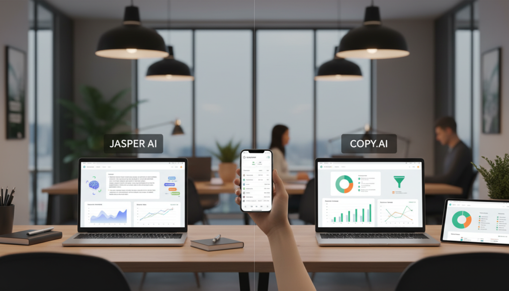 A professional comparison scene featuring two sleek desks side by side, representing Jasper AI and Copy.ai as modern copywriting tools. The foreground showcases two laptops displaying appealing user interfaces and analytics graphs. On one desk, there’s a stylish notebook and a fountain pen, while on the other, a tablet with marketing statistics. In the middle, a hand holding a smartphone scrolls through subscription options, emphasizing a detailed analysis of pricing plans. The background is softly blurred to depict a contemporary office environment, with warm overhead lighting creating a productive atmosphere. The angle is slightly above eye level, capturing the essence of a focused workspace. The overall mood should be engaging and informative, promoting a professional comparison vibe without any text.