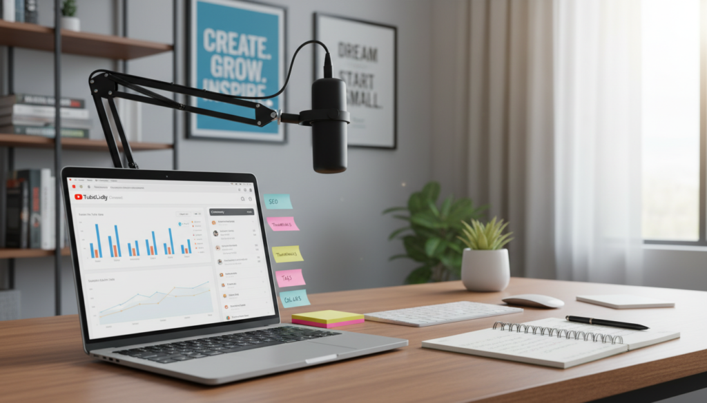 A professional workspace showcasing essential YouTube management tools. In the foreground, a sleek laptop screen displays the TubeBuddy interface with analytics graphs and community engagement metrics. Beside the laptop, there are colorful sticky notes and a notepad filled with brainstorming ideas, representing optimization strategies. In the middle, a stylish desk features a high-quality microphone and a small plant for a touch of greenery, enhancing the productivity atmosphere. The background has soft-focus elements like books on digital marketing and framed inspirational quotes, creating a motivating environment. The lighting is bright and inviting, emulating a creative workspace, with a slight lens flare for a dynamic effect. The mood is energetic and professional, ideal for content creators pursuing growth on their YouTube channels.