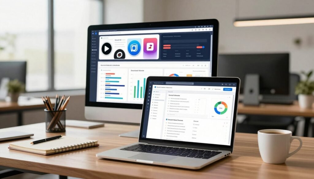 A professional workspace showcasing the best AI tools for managing and automating social media. In the foreground, a sleek laptop with an open dashboard interface of a social media management tool, illuminated by soft, warm lighting. Surrounding the laptop are stylish, organized office supplies, including a notebook and a cup of coffee. In the middle ground, a large digital screen displays various social media analytics and graphs, emphasizing data-driven decision-making. The background features a modern office environment with bright natural light streaming through large windows, creating a productive and inspiring atmosphere. The overall mood is professional and innovative, reflecting efficiency and creativity in social media management.