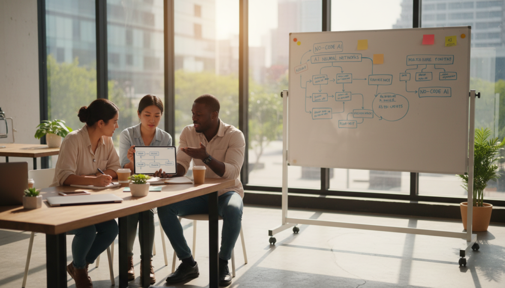 A serene and modern workspace featuring a diverse group of three professionals collaborating on a digital project. In the foreground, a woman of Asian descent is displaying a flowchart on a tablet, while a Black man in smart casual attire is pointing at the screen, discussing ideas. A Middle-Eastern woman nearby is jotting down notes on a notepad. In the middle ground, a large whiteboard is filled with diagrams about AI and coding concepts. The background showcases large windows letting in warm, natural light, highlighting the productive atmosphere. The scene conveys excitement and innovation, emphasizing teamwork and creativity in exploring AI without coding. The composition should be shot from a slightly elevated angle, offering a clear view of the interaction and workspace arrangement.