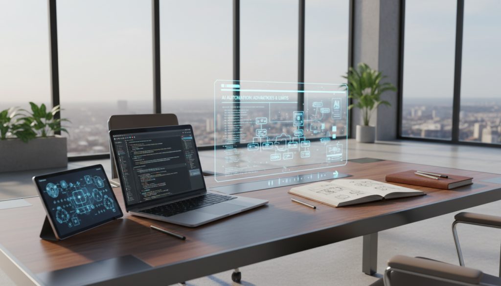 A sophisticated workspace showcasing various AI creation tools. In the foreground, a sleek laptop with an open coding interface, surrounded by neatly arranged gadgets like tablets and notebooks filled with sketches of AI models. The middle ground features a modern desk with a holographic display projecting data and algorithms related to AI automation. The background is a minimalist office with large windows allowing natural light to pour in, casting soft shadows. The atmosphere is focused yet vibrant, suggesting innovation and creativity. Use a wide-angle lens to capture the entire scene, enhancing the depth. Soft, diffuse lighting creates a professional and inviting mood, perfect for illustrating the advantages and limits of AI automation.