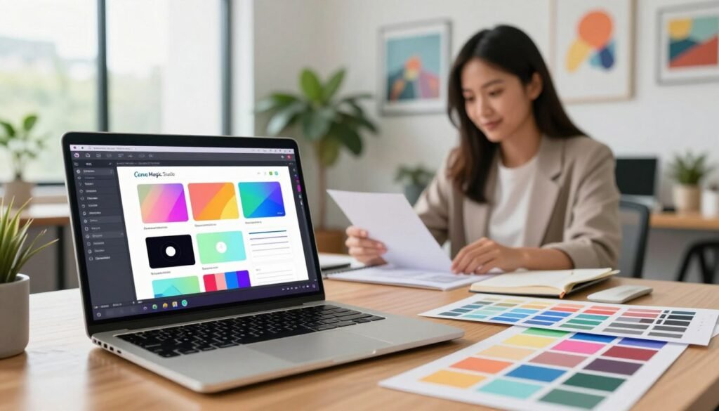 A vibrant and innovative workspace illustrating Canva Magic Studio for social media design. In the foreground, a sleek laptop displaying an open interface of Canva Magic Studio, showcasing colorful design templates, graphics, and user-friendly tools. On the desk, there are various design materials such as mock-ups and color swatches. In the middle ground, a business-professional woman in modest attire is engaged in creating graphics, with a focused and inspired expression. The background features a bright and airy office space adorned with inspiring artwork and plants, complemented by soft, natural lighting pouring in from large windows. The atmosphere conveys creativity and productivity in the realm of AI-driven graphic design.