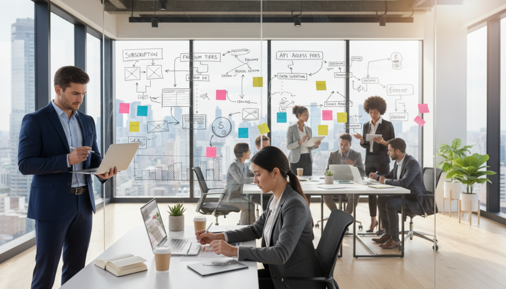 A vibrant office setting showcasing diverse professionals collaborating on AI monetization strategies. In the foreground, a focused young woman in a smart business outfit sketching ideas on a digital notepad, while a middle-aged man in a tailored suit stands nearby, analyzing data on a laptop. In the middle ground, a whiteboard filled with graphs, flowcharts, and sticky notes illustrates multiple monetization models, creating a sense of dynamic brainstorming. The background features large windows with city views, allowing natural light to flood the room, enhancing a productive atmosphere. The overall mood is energetic and innovative, capturing the essence of transforming ideas into tangible revenue.