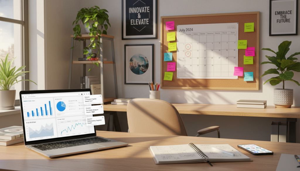 A vibrant workspace showcasing free AI productivity tools in action. In the foreground, a sleek laptop displays various charts and productivity apps on the screen. Beside it, an open notebook and a smartphone showing notification alerts for task reminders. In the middle ground, a wall-mounted calendar indicates deadlines, surrounded by colorful sticky notes and brainstorming ideas. The background features a well-organized office environment with plants and motivational posters enhancing the atmosphere of creativity and focus. Bright natural light floods in from a nearby window, casting soft shadows. The overall mood is energetic and inspiring, inviting entrepreneurs to embrace technology for boosting productivity. A vibrant workspace showcasing free AI productivity tools in action. In the foreground, a sleek laptop displays various charts and productivity apps on the screen. Beside it, an open notebook and a smartphone showing notification alerts for task reminders. In the middle ground, a wall-mounted calendar indicates deadlines, surrounded by colorful sticky notes and brainstorming ideas. The background features a well-organized office environment with plants and motivational posters enhancing the atmosphere of creativity and focus. Bright natural light floods in from a nearby window, casting soft shadows. The overall mood is energetic and inspiring, inviting entrepreneurs to embrace technology for boosting productivity.