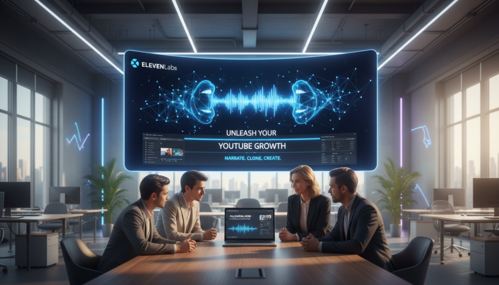 A visually captivating scene illustrating the concept of "marketing video" centered around ElevenLabs' voice cloning and narration technology. In the foreground, a diverse group of professionals are engaged in a discussion, with one person showcasing a laptop screen displaying audio waveforms and video editing software, all dressed in smart casual attire. The middle ground features a large digital screen showcasing dynamic graphics related to voice cloning and YouTube growth. In the background, a modern office space filled with sleek technology and soft ambient lighting creates a productive yet relaxed atmosphere, highlighting innovation and creativity. Use a wide-angle lens to encompass the entire scene, ensuring a bright, inviting mood that reflects the power of AI in content creation.