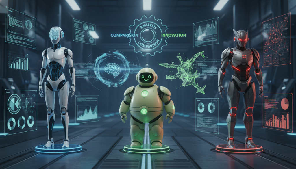 A visually engaging comparative analysis of three AI models: ChatGPT, Claude, and Gemini. In the foreground, illustrate three distinct futuristic robots, each representing one of the AI models. ChatGPT is sleek and digital, with glowing blue accents; Claude appears friendly and approachable with soft green tones; Gemini has a sharp, angular design with metallic red highlights. In the middle ground, incorporate symbols such as gears, brain icons, and glowing data streams to indicate their functionalities and features. In the background, a dimly lit high-tech environment with floating holograms showcasing analytical charts and graphs. Use a cool color palette with soft, diffused lighting to create a professional yet innovative atmosphere, emphasizing comparison and analysis. A visually engaging comparative analysis of three AI models: ChatGPT, Claude, and Gemini. In the foreground, illustrate three distinct futuristic robots, each representing one of the AI models. ChatGPT is sleek and digital, with glowing blue accents; Claude appears friendly and approachable with soft green tones; Gemini has a sharp, angular design with metallic red highlights. In the middle ground, incorporate symbols such as gears, brain icons, and glowing data streams to indicate their functionalities and features. In the background, a dimly lit high-tech environment with floating holograms showcasing analytical charts and graphs. Use a cool color palette with soft, diffused lighting to create a professional yet innovative atmosphere, emphasizing comparison and analysis.