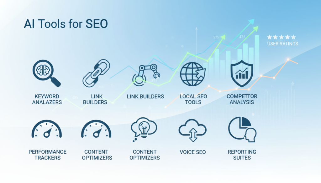 A visually engaging comparison chart showcasing various AI tools for SEO, depicted as a sleek, modern infographic. In the foreground, include labeled icons representing different AI SEO tools like keyword analyzers, link builders, and performance trackers, arranged neatly in a grid format. In the middle ground, subtle graphs and charts illustrating data comparisons, trends, and user ratings can enhance the information density. The background should be a soft gradient, transitioning from light blue to white, creating a clean, professional atmosphere. Use soft, diffused lighting to emphasize clarity and readability. Capture the overall mood as informative and tech-savvy, appealing to SEO professionals seeking efficient tools. No text or logos should be included, ensuring a polished visual presentation. A visually engaging comparison chart showcasing various AI tools for SEO, depicted as a sleek, modern infographic. In the foreground, include labeled icons representing different AI SEO tools like keyword analyzers, link builders, and performance trackers, arranged neatly in a grid format. In the middle ground, subtle graphs and charts illustrating data comparisons, trends, and user ratings can enhance the information density. The background should be a soft gradient, transitioning from light blue to white, creating a clean, professional atmosphere. Use soft, diffused lighting to emphasize clarity and readability. Capture the overall mood as informative and tech-savvy, appealing to SEO professionals seeking efficient tools. No text or logos should be included, ensuring a polished visual presentation.