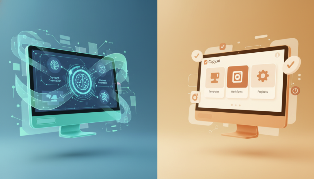A visually engaging split-screen illustration showcasing the differences between Jasper AI and Copy.ai. On the left, depict the Jasper AI interface with a futuristic digital landscape, featuring bright blue and green lights. Include a computer screen displaying Jasper’s features, surrounded by abstract graphics symbolizing creativity and brainstorming. On the right, represent the Copy.ai interface in a warm, inviting environment with earth tones, showcasing its user-friendly design on another computer screen, accentuated by icons depicting ease of use and efficiency. In the background, soft gradient lighting enhances the professional mood, while keeping a clear focal point on the software interfaces. The overall atmosphere should be informative yet visually appealing, emphasizing the comparison without text or overt clutter.