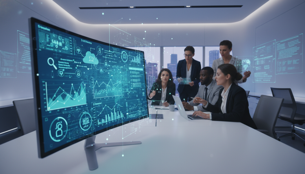 In a modern office setting, showcase a dynamic and abstract representation of artificial intelligence in SEO. In the foreground, visualize a computer monitor displaying intricate SEO analytics and graph data, with digital icons symbolizing keywords, backlinks, and search engine results. In the middle, depict a diverse team of professionals in business attire discussing strategies, their faces focused and engaged, reflecting collaboration and innovation. The background features a sleek, minimalist workspace with futuristic design elements, illuminated by soft, diffused lighting that conveys a productive atmosphere. Use a wide-angle lens perspective to capture the entire scene, evoking a sense of advanced technology and teamwork in the realm of SEO for 2024. In a modern office setting, showcase a dynamic and abstract representation of artificial intelligence in SEO. In the foreground, visualize a computer monitor displaying intricate SEO analytics and graph data, with digital icons symbolizing keywords, backlinks, and search engine results. In the middle, depict a diverse team of professionals in business attire discussing strategies, their faces focused and engaged, reflecting collaboration and innovation. The background features a sleek, minimalist workspace with futuristic design elements, illuminated by soft, diffused lighting that conveys a productive atmosphere. Use a wide-angle lens perspective to capture the entire scene, evoking a sense of advanced technology and teamwork in the realm of SEO for 2024.